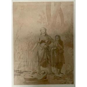 Discovery Of Moses Floating On The Nile - Gouache, Pencil - 19th - Dim. 12.5 X 18cm