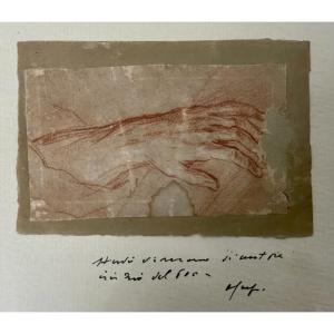 Study Of Hand In Red Blood - Italian School 17th - Gaps, Tears - Dim. 10.5 X 6 Cm
