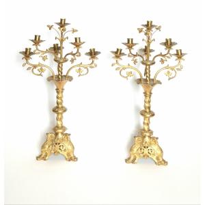 Pair Of Bronze Candelabra 19th Century Napoleon III Neo-gothic France