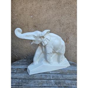 Dolly - Elephant In Cracked White Ceramic Signed Lejan