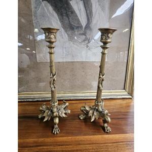 Pair Of Bronze Candlesticks Decorated With Salamanders, Napoleon III Period - 19th Century