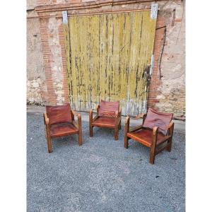 Set Of 3 Leather Safari Armchairs In The Style Of Pierre Chapo