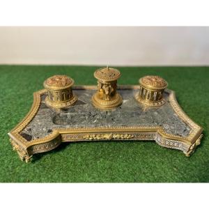 Inkwell In Gilt Bronze And Green Marble, Napoleon III Empire Period, 19th
