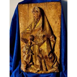 Saint Anne Teaching Jesus To Read Polychrome Panel 17th Century