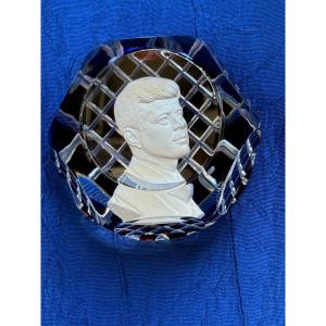 Saint Louis Crystal Paperweight Decorated With A Crystallo-cerane Representing Jf. Kennedy 