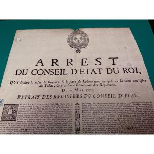 Bayonne Placard Order Of The King's Council Of State On The Exclusive Sale Of Tobacco 1773 