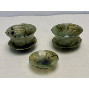 China Antique Cup, Saucer And Dish In Translucent And Spooned Celadon Jade, 19th Century