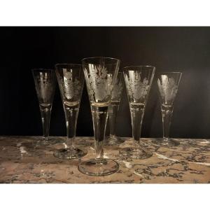 Bohemian, Six Large Crystal Glasses Or Pokals Engraved With Coat Of Arms