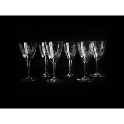 Delvaux Paris - Rare Suite Of Six Crystal Goblet Engraved With Chinoiserie Decor