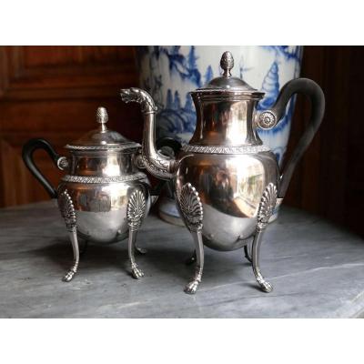 Ravinet d'Enfer - Empire Style Jug And Sugar Bowl In Armored Silver Metal - 19th Century