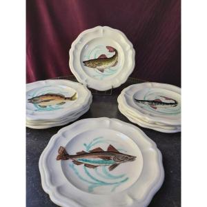 Provence, Suite Of 10 Earthenware Plates With Fish Decor
