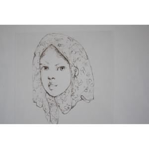 Engraving 'young Girl With A Scarf' By Leonor Fini (1907-1996)