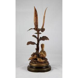 Bronze Candlestick Sculpture 'partridge Feeding Its Partridges' Late 19th Century