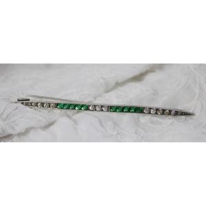 Silver Barrette Brooch With White And Green Stones Circa 1930