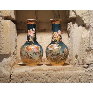 Pair Of Earthenware Vases With Blue Background Decorated With Birds And Flowers, Satsuma, Japan Circa 1900