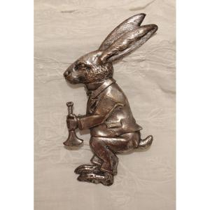 Silver Bronze Plaque 'rabbit With Bugle' Signed M. Podiebrad Circa 1920-1930