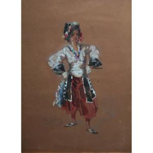 Drawing 'oriental Costume Study' Hippolyte Ballue (1820-1867)