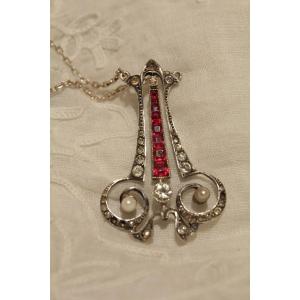 Necklace, Pendant, In Brilliant Sterling Silver, Pearls And Red Stones 20th Century