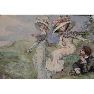 Watercolor 'the Elegant Ones By The Sea' Late 19th, Early 20th Century