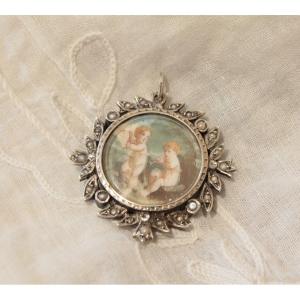 Silver Metal Pendant And Half Pearls With Painted Miniature 19th Century