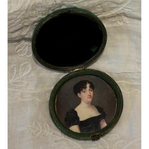 Miniature Portrait Of A Woman In Her Shagreen Case Circa 1800