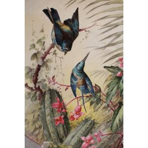 Large Circular Earthenware Dish Decorated With Birds And Vegetation Signed E. Masson Late 19th Century