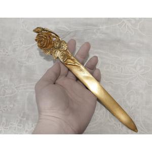 Gilt Bronze Letter Opener Or Paper Cutter With Rose Decor, Signed E. Famin, Circa 1900