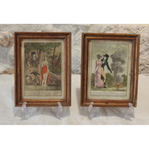 Two Watercolor Engravings 'water And Fire', Empire Period, Circa 1800