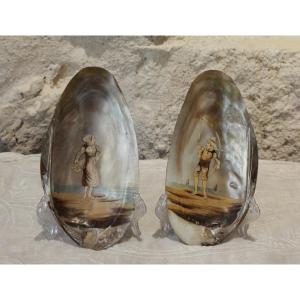 Pair Of Natural Painted Shells, Couple Of Fishermen At Low Tide, Le Tréport - Late 19th Century