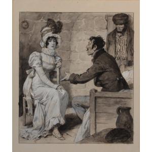 Ink And Gouache Drawing 'the Visit' By Edouard François Zier (1856-1924)