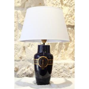 Blue Earthenware Lamp With Gold Decoration Sarreguemines Between 1835 And 1900