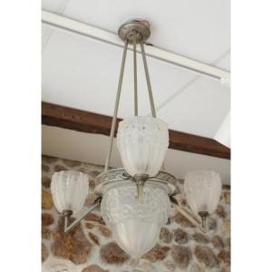 3-light Glass Chandelier With Art Deco Metal Frame Circa 1930