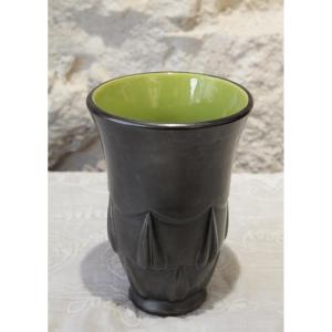Black And Green Earthenware Vase Blanche Letalle (1901-1990) St Clément Circa 1950