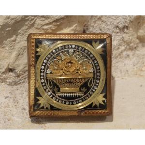 Small Box With A Floral Basket Decoration In Gold Thread Under Glass, 19th Century Period