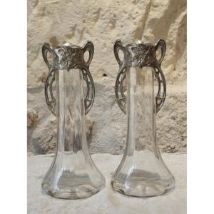 Pair Of Art Nouveau Glass Vases With Silver-plated Metal Mounts, Circa 1900