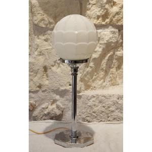 Chrome-plated Metal Lamp With Glass Globe, Art Deco Style, 20th Century