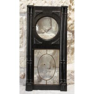 Blackened Wood Paneling Element With Curved Glass And Stained Glass, Late 19th Century
