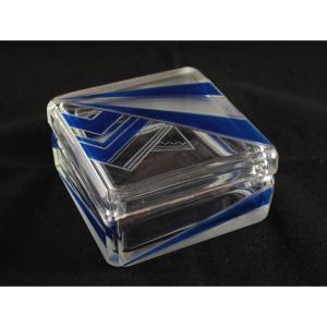 Square Box In Frosted Glass And Blue Enamel, Art Deco, Circa 1930