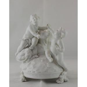 Biscuit Porcelain Sculpture "putti Playing With A Cow" Volkstedt, Late 19th Century