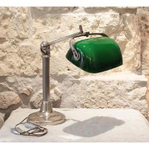 Banker's Or Notary's Lamp, In Chromed Metal And Green Opaline Glass, Circa 1930