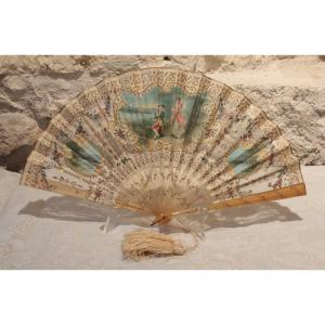 Folding Fan With 18 Ribs, Gallant Scene Painted On Fabric, Late 19th, Early 20th Century