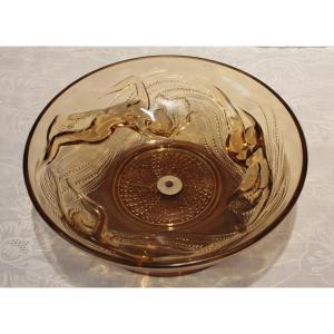 'naiads' Colored Glass Bowl, Turned Wood Base, Art Deco Style