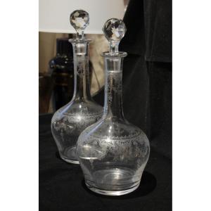 Pair Of Large Engraved Crystal Decanters, Early 20th Century