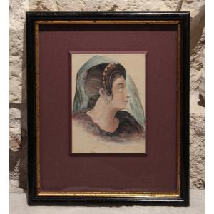 Watercolor 'portrait Of A Woman' In The Medieval Style, Circa 1830-1850