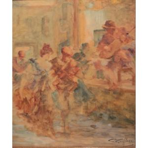 Watercolor 'musicians And Dancers' By Gabriel Griffon (1866-1938)