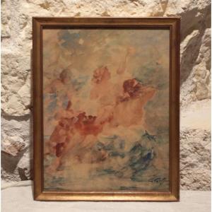 Watercolor 'the 3 Bathers' Signed Gabriel Griffon (1866-1938)
