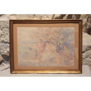 Watercolor 'afternoon On The Terrace' Signed Gabriel Griffon (1866-1938)