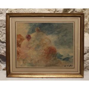 Watercolor 'women On The Beach' Signed Gabriel Griffon (1866-1933)