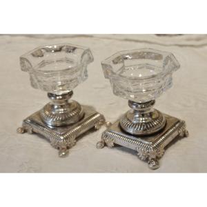 Pair Of Crystal And Silver-plated Metal Salt Cellars, Gandais, Palais Royal Paris Circa 1830