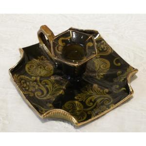 Earthenware Candlestick With Handle, Decorated With Stylized Leaves, Signed Lunéville, Between 1880 And 1920